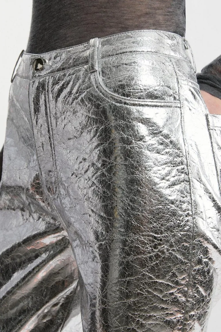 Metallic Faux Leather Straight Trousers - 3