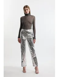 Metallic Faux Leather Straight Trousers
