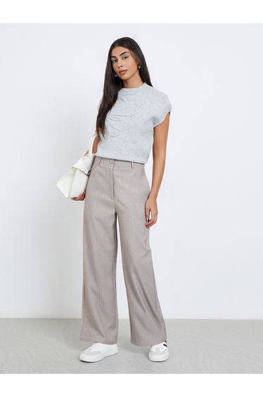 Women Grey Wide Leg Herringbone Weave Trousers