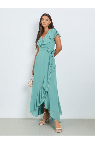 Green Solid Wrap Front Ruffle Maxi Dress