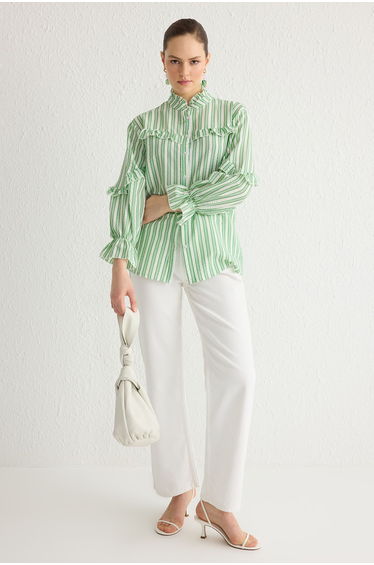 Green Striped Ruffle Detail Textured Fabric Woven Shirt