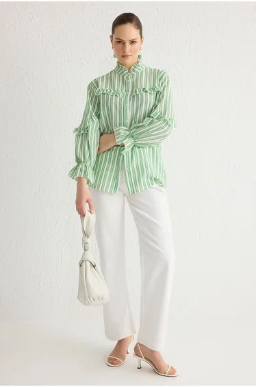 Green Striped Ruffle Detail Textured Fabric Woven Shirt