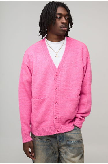 Oversized Boxy Fluffy Knitted Cardigan - pink
