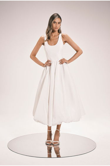 Taffeta Bodice Puff Ball Woven Midi Dress