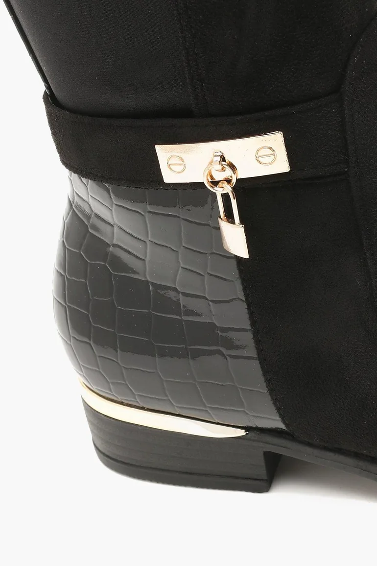 Croc Panel Stretch Back Flat Knee High Boots - black - 3