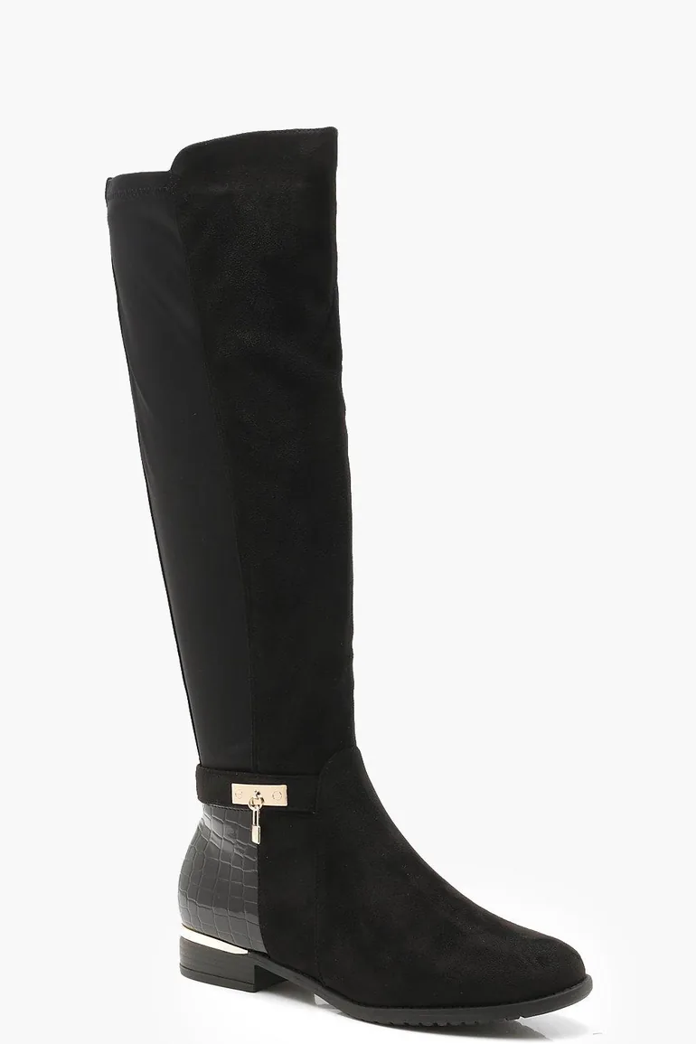 Croc Panel Stretch Back Flat Knee High Boots - black