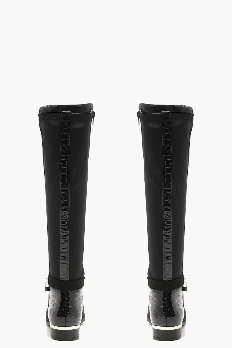 Croc Panel Stretch Back Flat Knee High Boots - black - 2