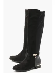 Croc Panel Stretch Back Flat Knee High Boots - black - 1