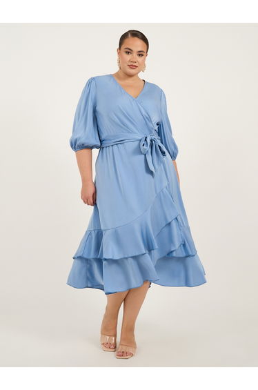 Plus Size Balloon Sleeve Wrap Midi Dress
