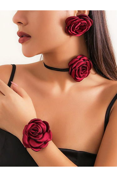 Burgundy Rose Necklace with Bracelet and Earrings Set