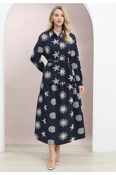Ocean-Inspired Embroidery Cotton Shirt and Maxi Skirt Set in Navy for Beach Days & Resort Wear