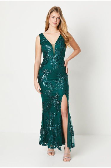 Debut London by Coast Embroidered Sequin Mesh Plunge Prom Dress - emerald