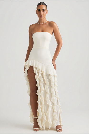 Ruffle-Trim Strapless Gown in Ivory