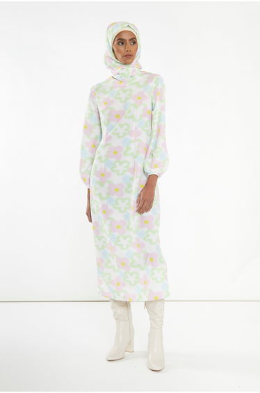 Multi Blurred Floral Long-Sleeve Midi-Dress