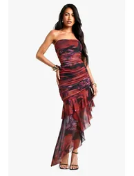 Bandeau Floral Mesh Ruffle Hem Mini Dress - red