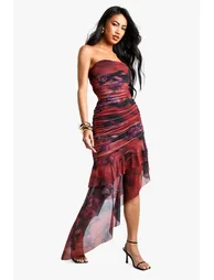 Bandeau Floral Mesh Ruffle Hem Mini Dress - red - 2