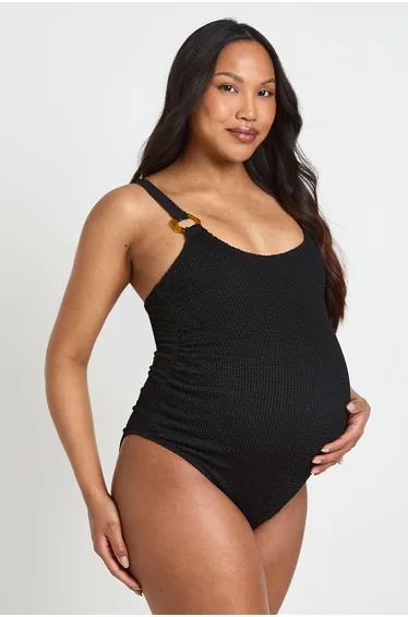 Maternity Crinkle Scoop Neck Trim Detail Swimsuit - black