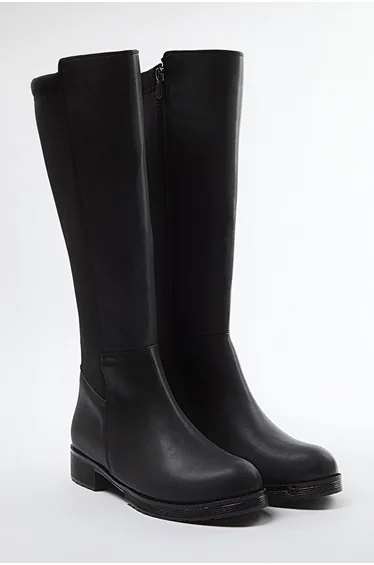 Black Elastic Short Flat Heel Women's Boots