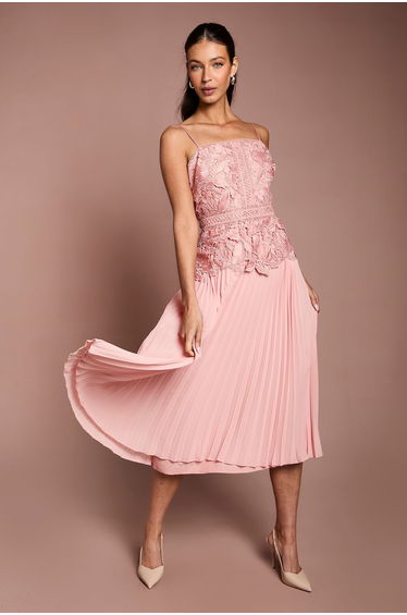 Satin Lace Pleated Midi Dress