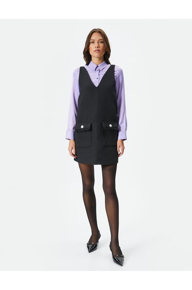 Mini Tweed Dress V Neck Tasseled Pocket Detail