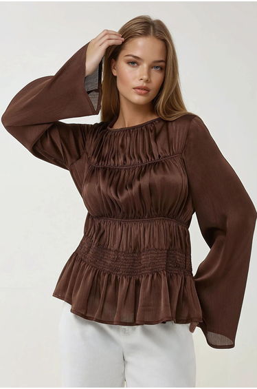 Fitted Satin Crew Neck Blouse