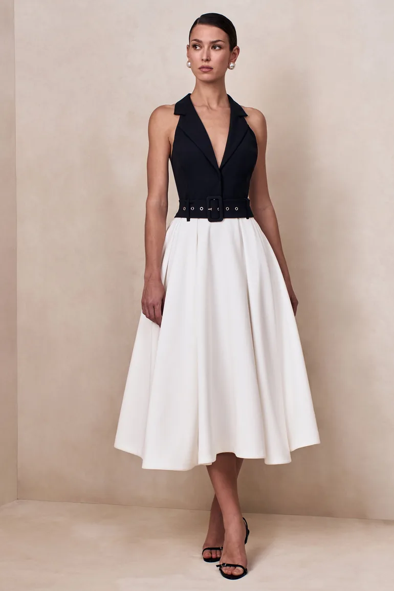 Alessa | Black & White Plunge-Neck Tailored Midi Dress - 1