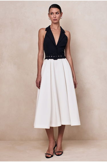 Alessa | Black & White Plunge-Neck Tailored Midi Dress