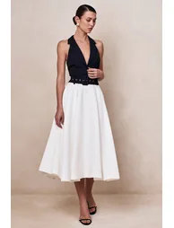 Alessa | Black & White Plunge-Neck Tailored Midi Dress - 5