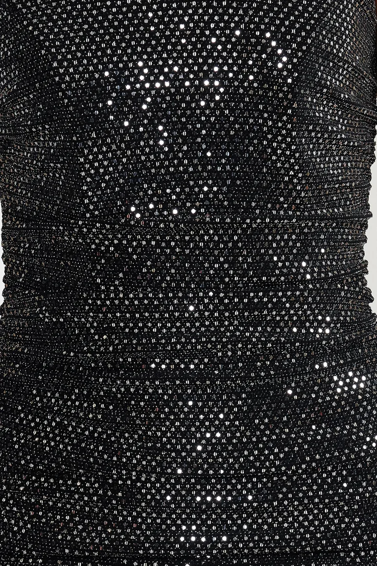 Black Fitted Knitted Shiny Draped Elegant Evening Dress - 3