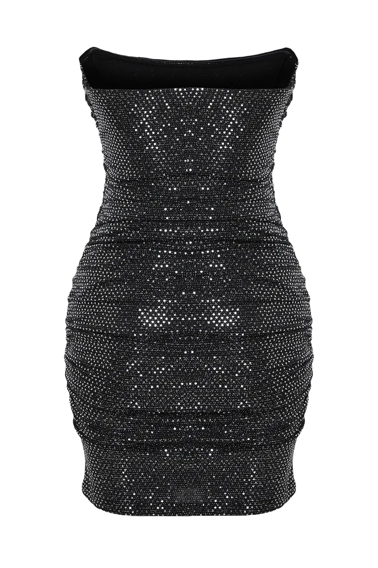 Black Fitted Knitted Shiny Draped Elegant Evening Dress - 7