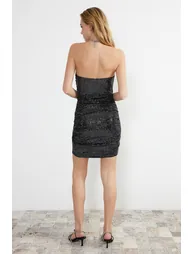 Black Fitted Knitted Shiny Draped Elegant Evening Dress - 5