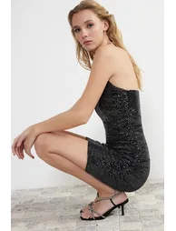 Black Fitted Knitted Shiny Draped Elegant Evening Dress - 1