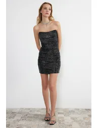 Black Fitted Knitted Shiny Draped Elegant Evening Dress