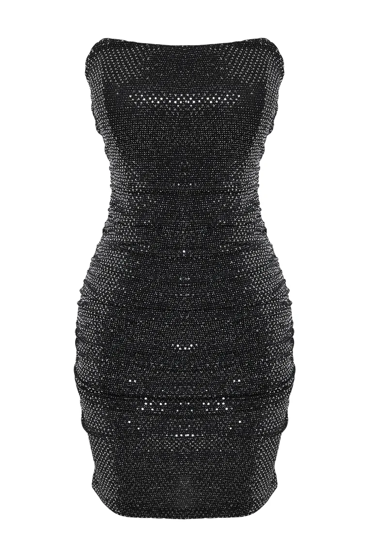 Black Fitted Knitted Shiny Draped Elegant Evening Dress - 6