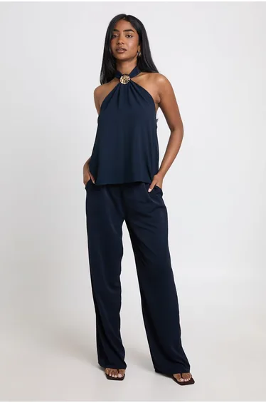 Halterneck Gold Trim Chiffon Top - navy