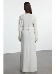 عباية بتطريز بمظهر كتان - بيج - 1