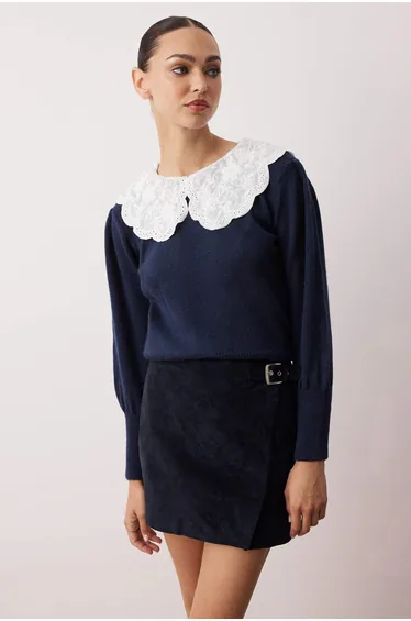 Navy Blue Soft Texture Shirt Collar Garnished Knitwear Sweater