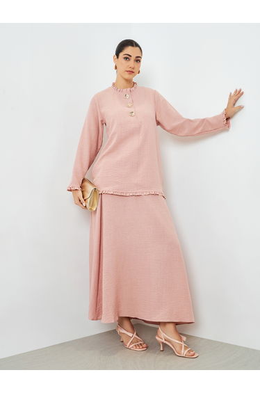 Pink Ruffled Neck Top and Skirt Modest Set