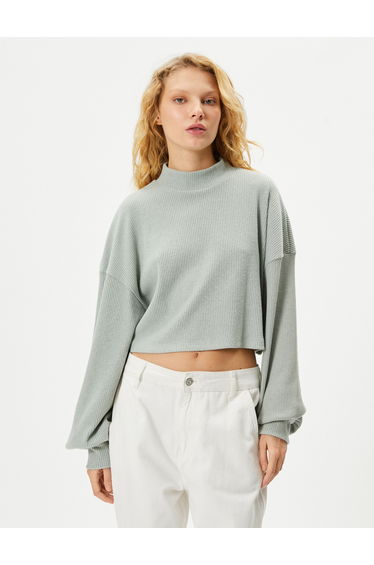 High Neck T-Shirt Long Puffer Sleeve Soft Textured Ribbed