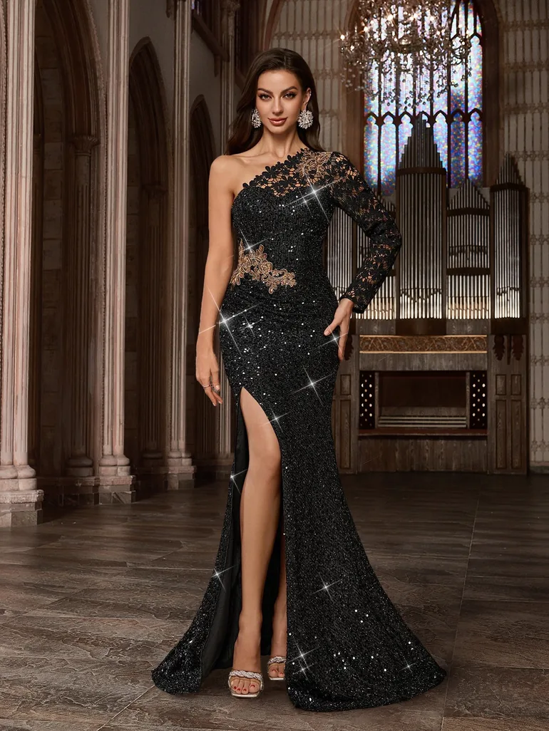 black sequin asymmetrical dress US 2 / BLACK