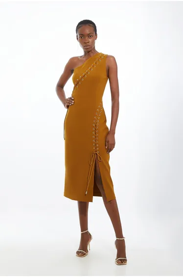Petite Figure Form Laced Detail Woven One Shoulder Midi Dress
