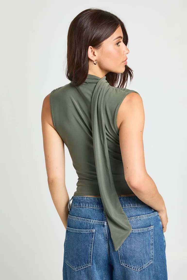 Ruched Cowl Scarf Detail Top - khaki - 2