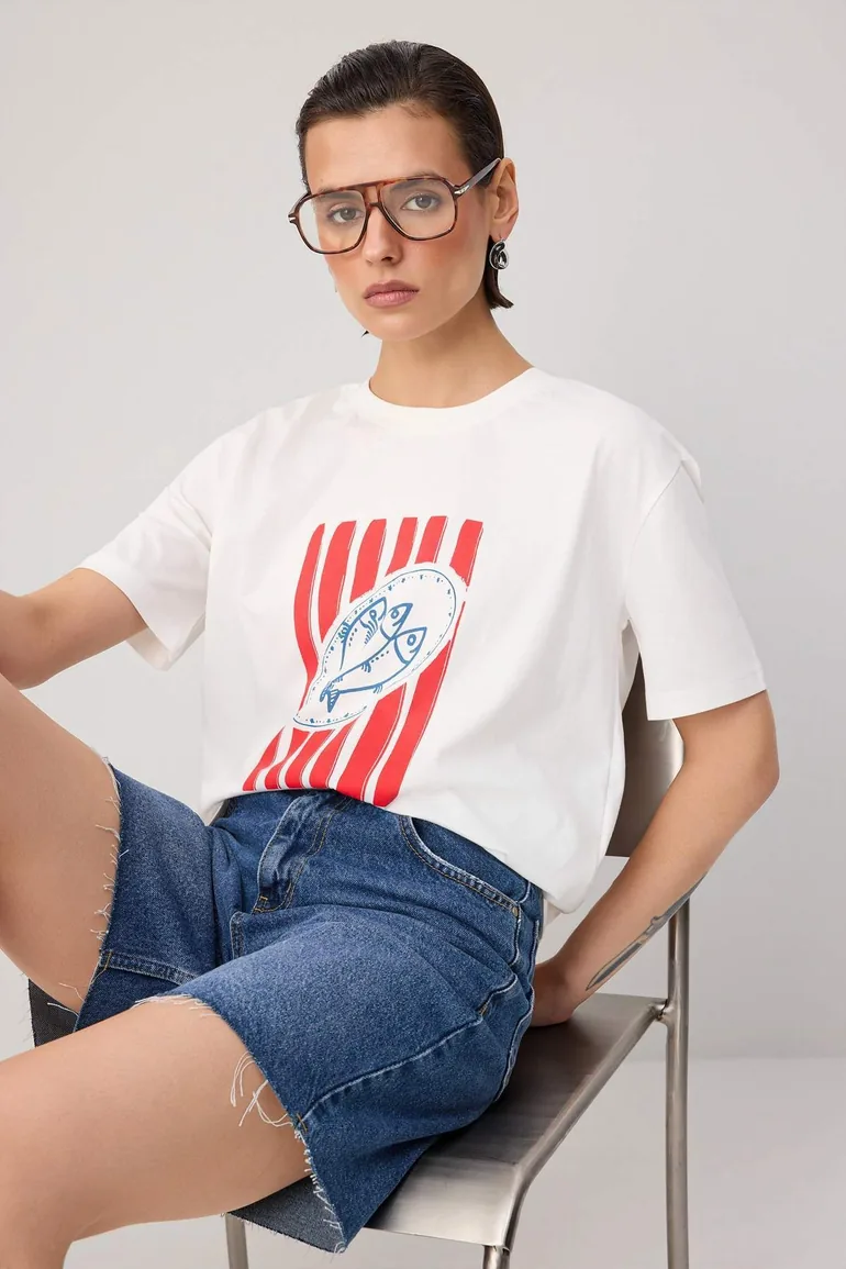 Ecru Fish Printed Oversize/Wide Fit Short Sleeve 100% Cotton Knitted T-Shirt - 1