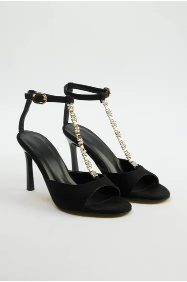 Black Faux Leather Women's Heeled Sandals