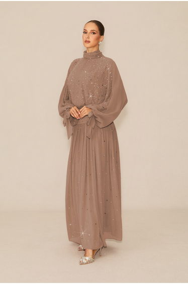Indescribable Shine Khaki Crystal Embellished Top & Skirt Set