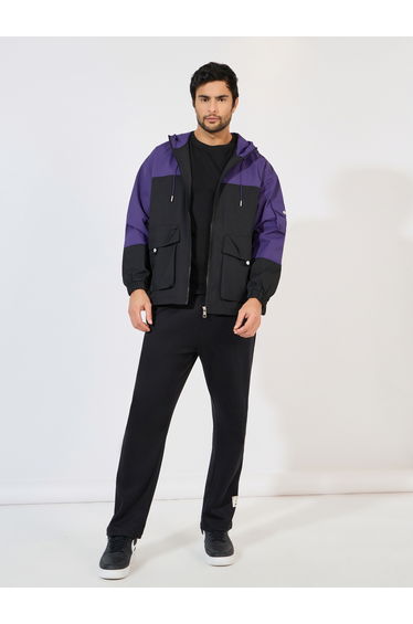 Hooded Color Block Pocket Detail Lined Utility Jacket