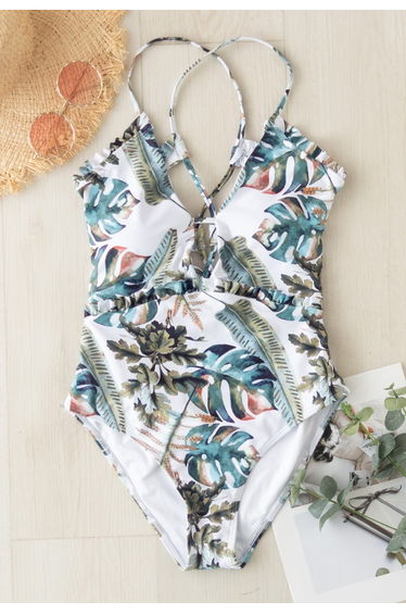 Lace-Up Back Tropical Palm Ruffle Swimsuit