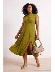 Oil Green Waist-Cut Sleeveless Gathered Premium Lyocell Content Knitted Dress - 5
