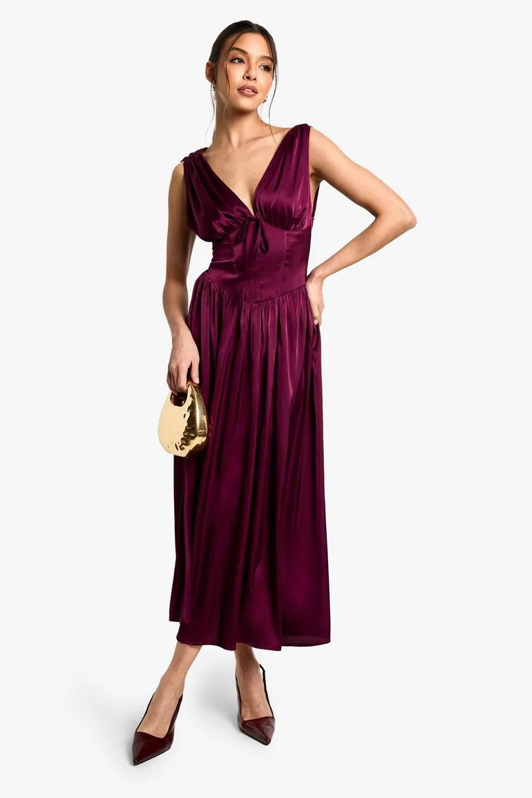 Satin Milkmaid Midaxi Dress - wine Boohoo : Evening Dresses : VogaCloset  Oman