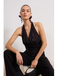 Plum Degaje Collar Sequined Party Blouse - 1